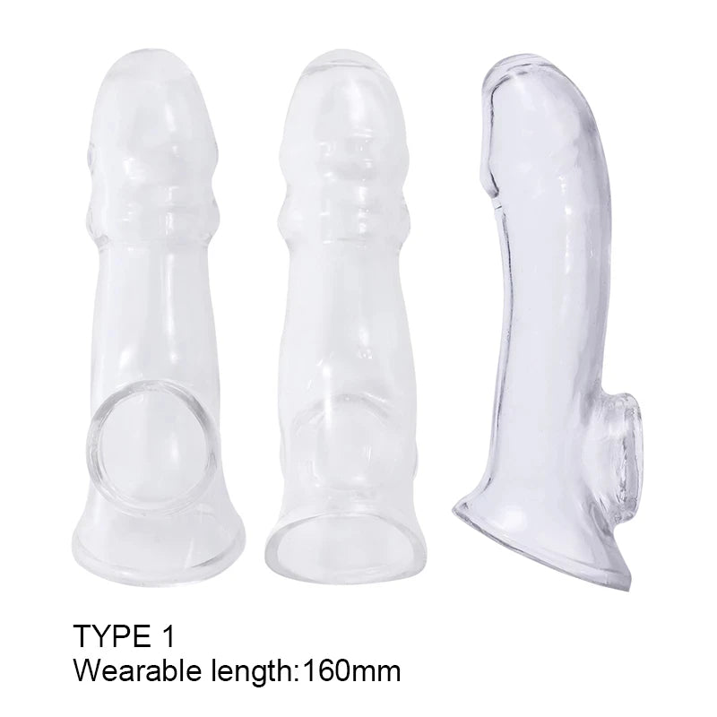 Extension Reusable Condom Penis Sleeve Male Enlargement Time Delay Dildo Enhancer Cock Rings Crystal Clear Condom Adult Sex Toys