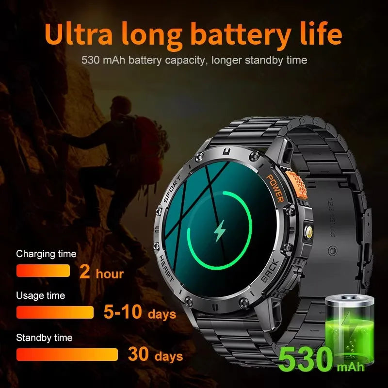 New Smart Watch Men Outdoor 530mAh Large Battery Bluetooth Call Sport Fitness Bracelet AMOLED Screen Flashlight Smartwatch