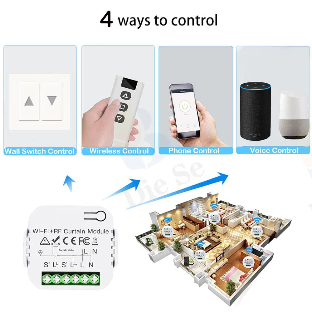Tuya Smart Life WiFi 433Mhz Blind Curtain Switch with RF Remote for Electric Roller Shutter Google Home Alexa Smart Home Control