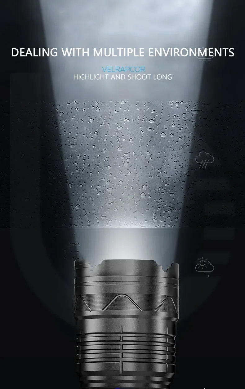 LED Tactical Flashlight Super Bright Spotlight Power Display Long Range Zoomable Torch Outdoor Emergency Tactical Search Lantern