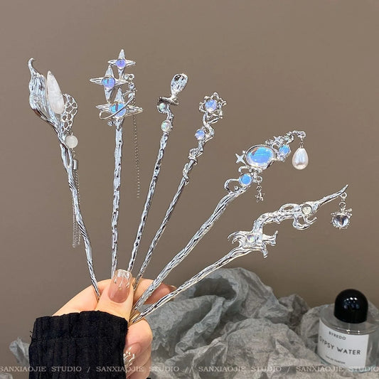 Light Luxury Glitter Hairpin For Women Geometric Irregular Moonstone Hair Stick Elegant Star Flower Jewelry Hair Accessories