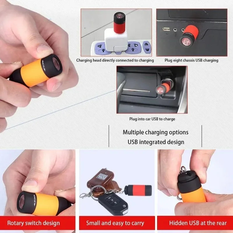 Pocket Keychain Flashlight Waterproof Outdoor Hiking Camping Mini FlashlightUSB Rechargeable LED Multifunctional Strong Light