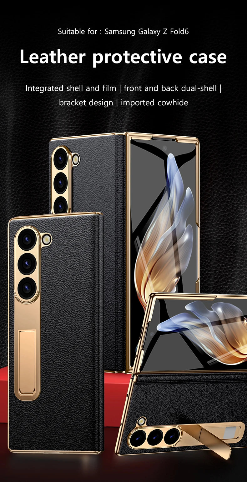 For Samsung Z Fold 7 6 5 4 3 Genuine leather Magnetic Hinge Full protective phone Case holder Kickstand fold6 Shockproof Cover
