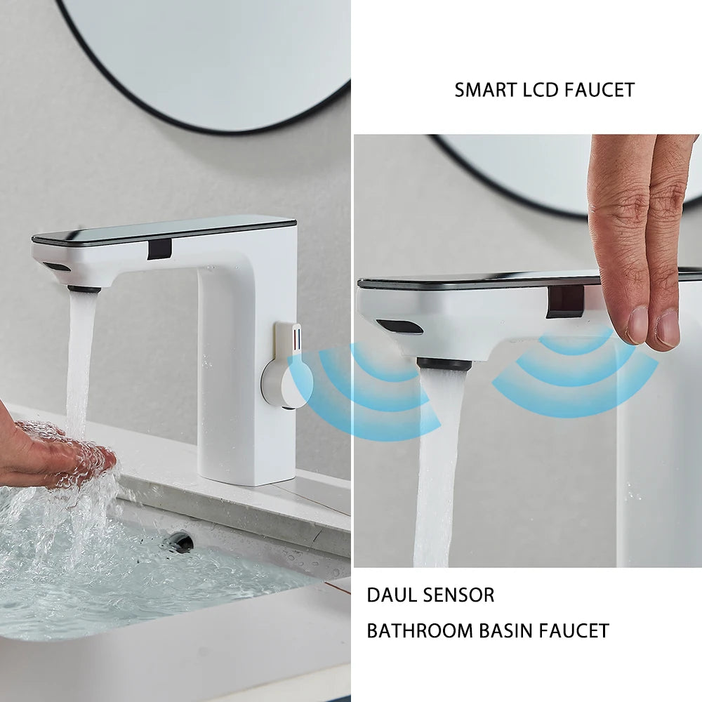 White Smart Sensor Basin Faucet Screen Digital Display Hot Cold Water Mixer Tap Touchless Vanity Sink Faucet For Bathroom