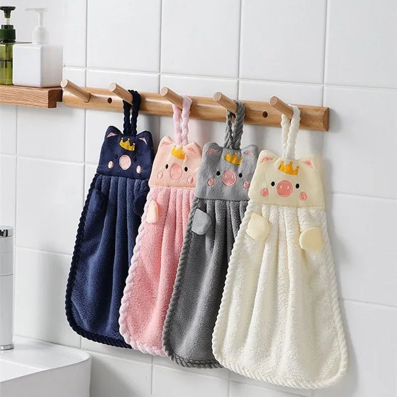 Soft Coral Velvet Hanging Towel with Adorable Piggy Embroidery for Bathroom Kitchen Dishwashing Handkerchief Cloth