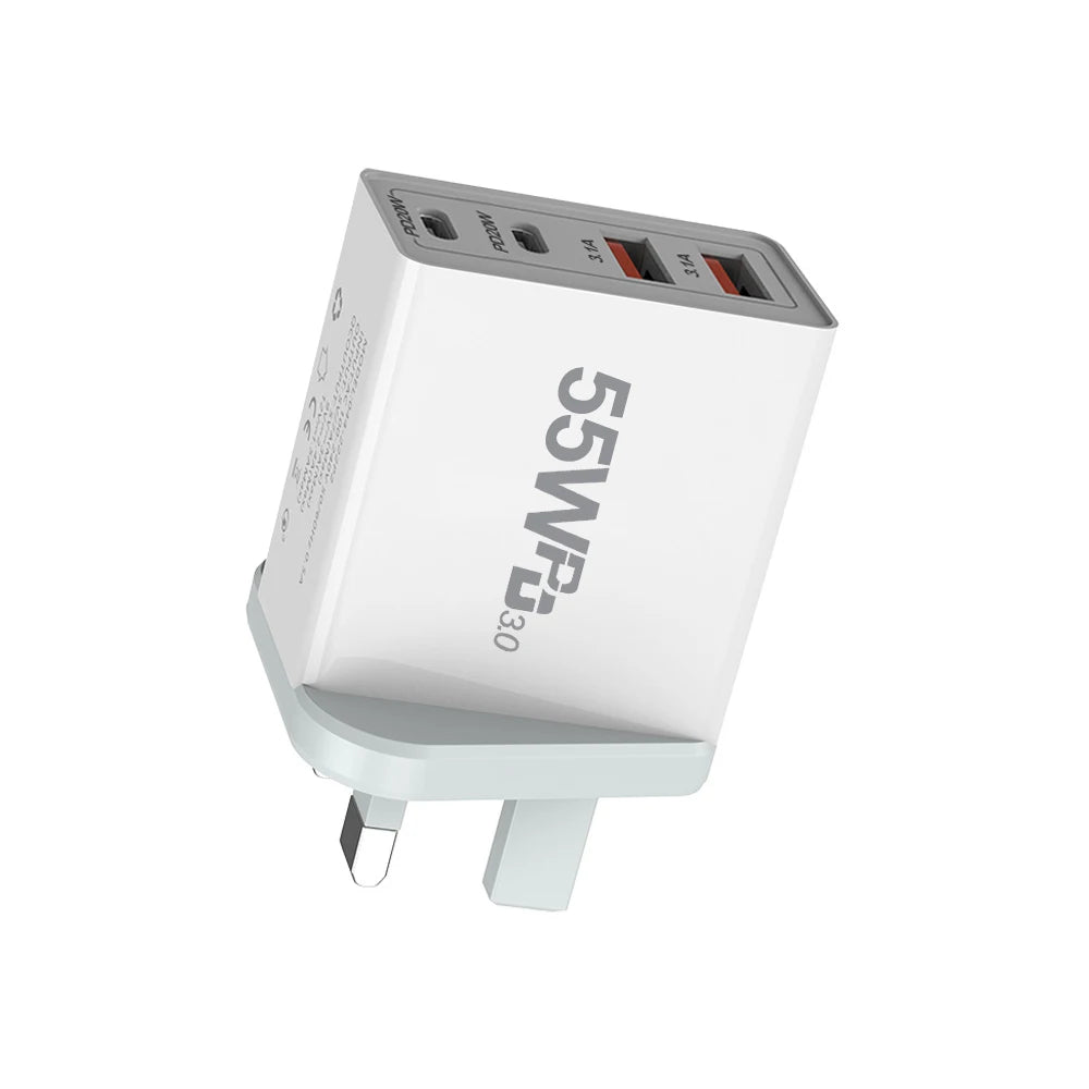 New Universal 55W  fast charging 4Ports Dual PD Type C USB Wall Charger US Power Adapters For Iphone  Ipad Universal  Xiaomi LG