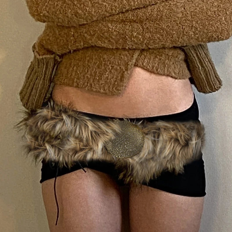 SUCHCUTE Vintage Faux Fur Patchwork Pu Leather Belt Punk Western Cowboy Accessories Y2K Women's Waistband Retro 2000s Decorative