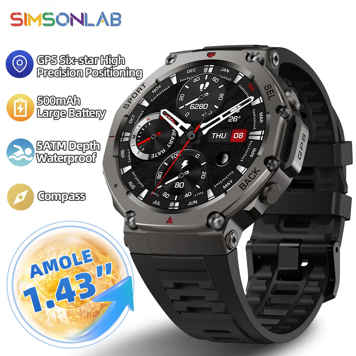 New Smart Watch 466*466 1.43 AMOLED Full Touch Screen 5ATM waterproof GPS 500mAh High Battery Compass  170+ Sports Modes For Men