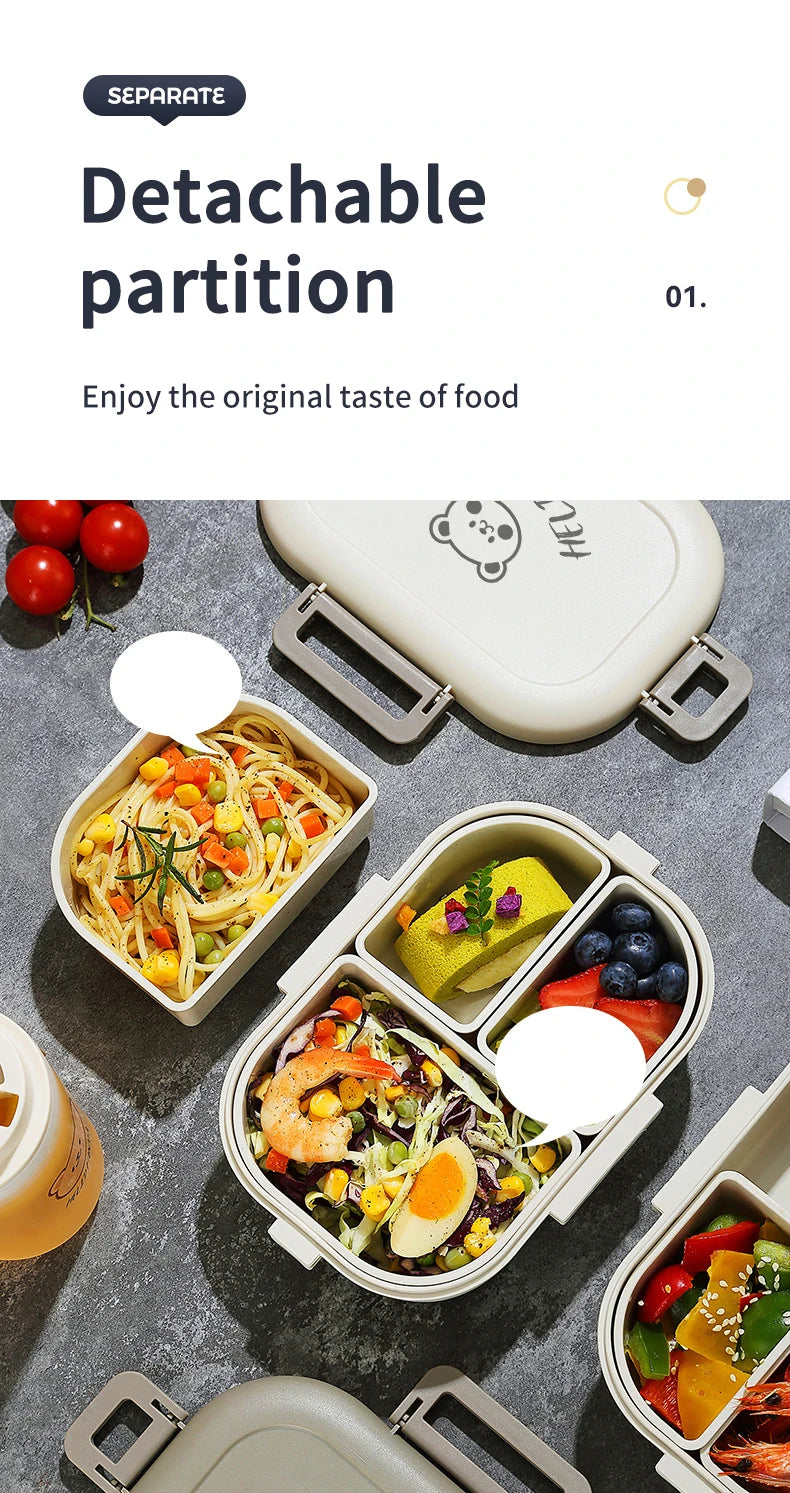 WORTHBUY Portable Plastic Bento Lunch Box With 3 Removable Compartment Leak-proof Microwave Salad Food Container For Kids School