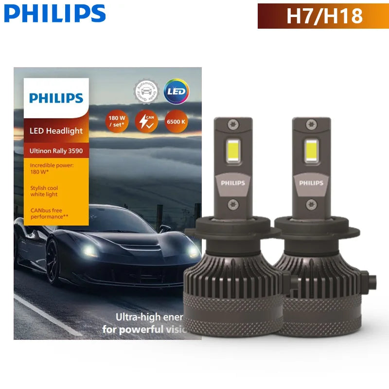 Philips Ultinon Rally 3590 LED H4 H7 H11 HB3 HB4 HIR2 180W Power Bright Car Headlight 6500K White Max  Lumen Watt LED Bulbs