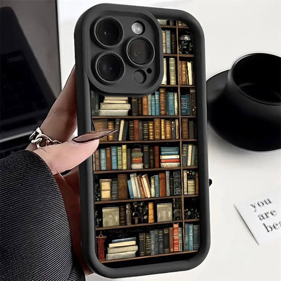 Vintage Bookshelf Kitten Phone Case for iPhone 16 15 Pro Max 13 12 11 14ProMax 16Plus 12Pro 16e Soft Cover