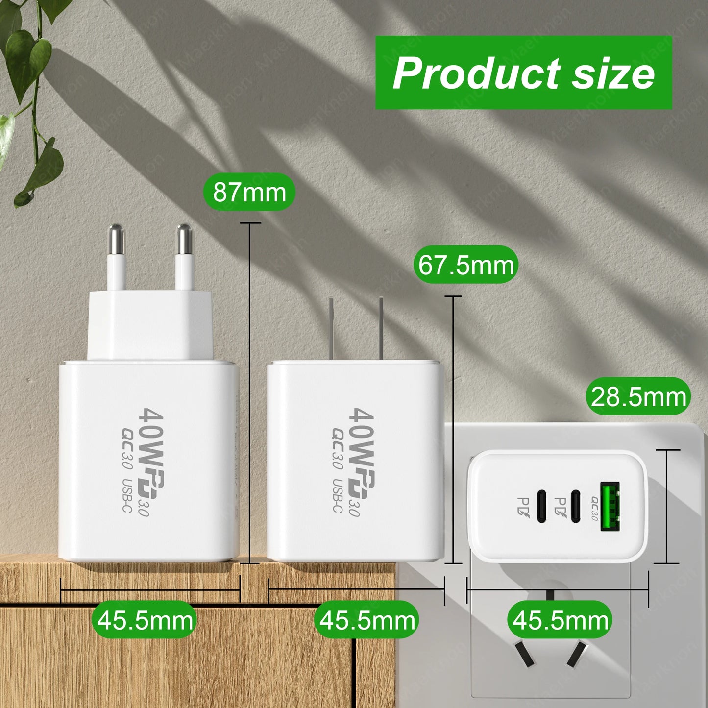 PD 60W USB Charger 3 Ports Type C Fast Charging Phone Charger Adapter For iPhone Xiaomi Samsung Huawei EU/US Plug Wall Charger