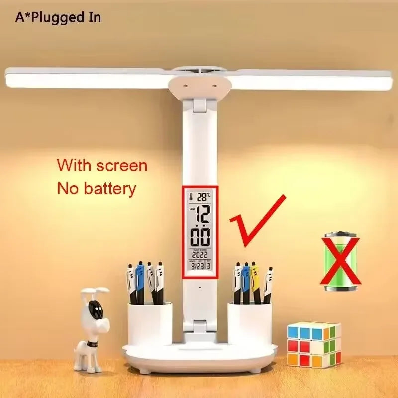 Multifunctional Eye Protection Rechargeable LED Clock Dimmable Desk Lamp 180° Rotating Foldable Desktop Reading Night Light USB