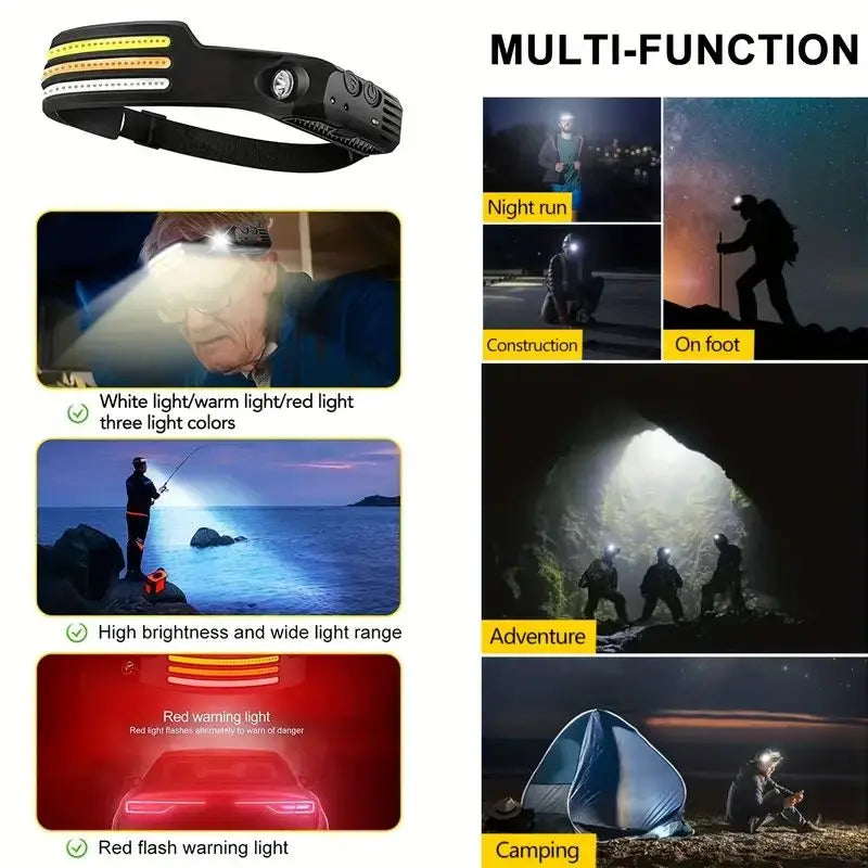 COB Induction Fishing Headlamp Super Bright LED Flashlight With Battery USB Rechargeable 5-Mode Fishing Camping Outdoor Headlamp