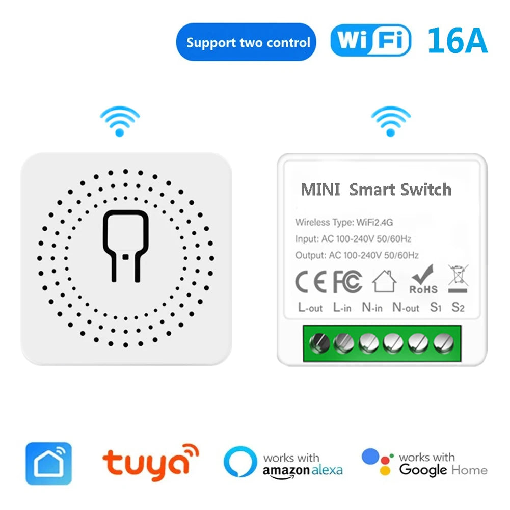 16A Wifi Mini Smart Switch DIY Light Switch 2 Way Wireless Control Smart Home with Tuya Smart Life Alexa Alice Google Home