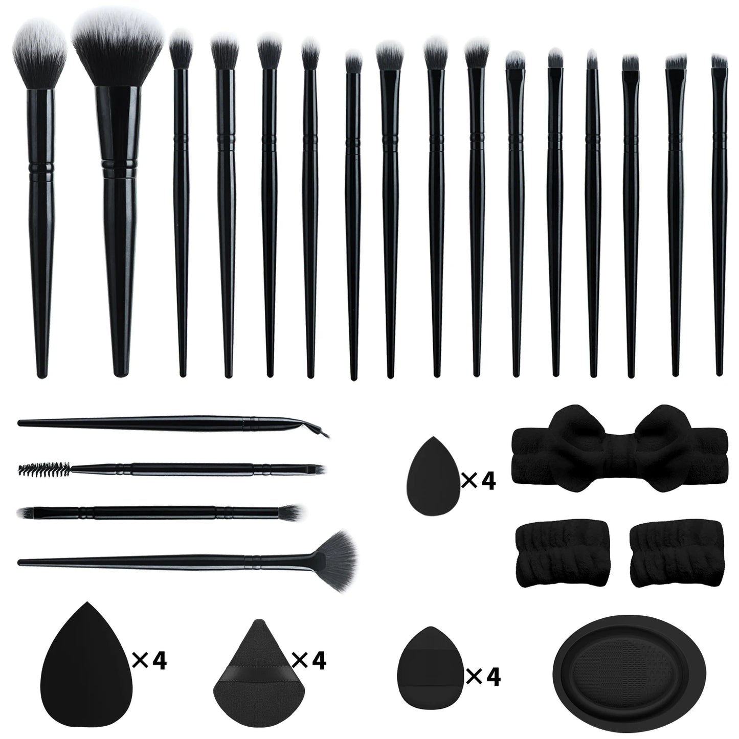 40-piece makeup tool set - 20-piece makeup tools + 16-piece powder puff set + dishwashing, hairband and wristband