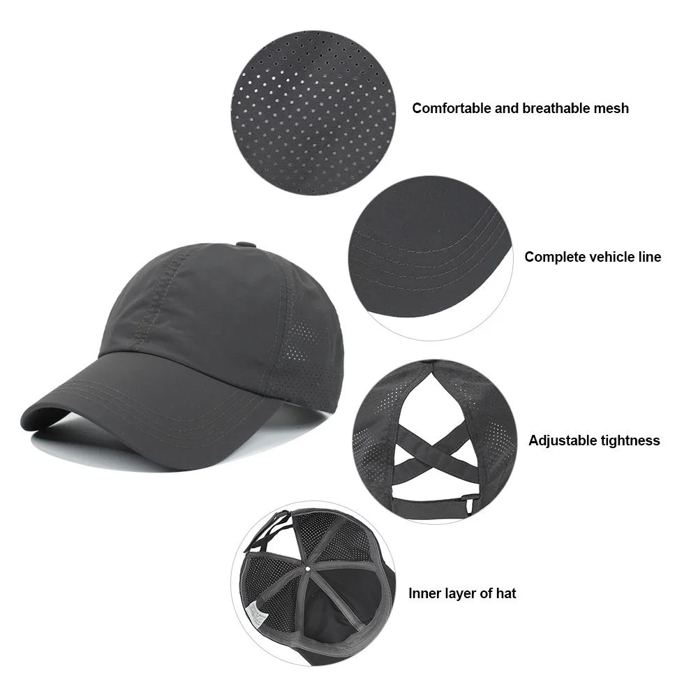 Summer Solid Color Baseball Cap Women's Athleisure Cross Ponytail Hat Mesh Quick-Drying Cap Visor Hat