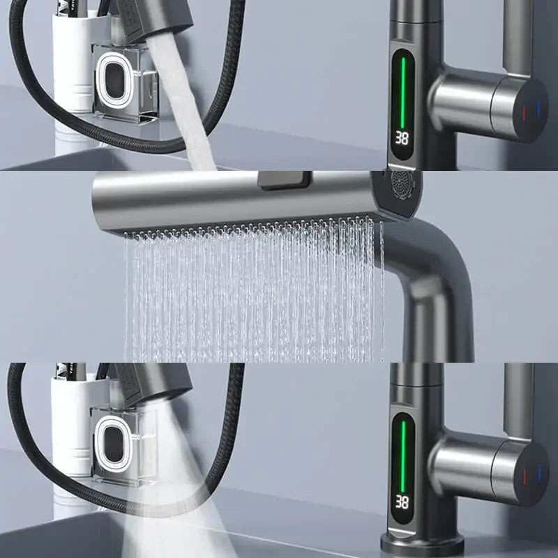 Temperature Digital Display Basin Faucet For Bathroom Pull Out Waterfall Stream 3 Way Sprayer Hot Cold Water Sink Mixer Wash Tap