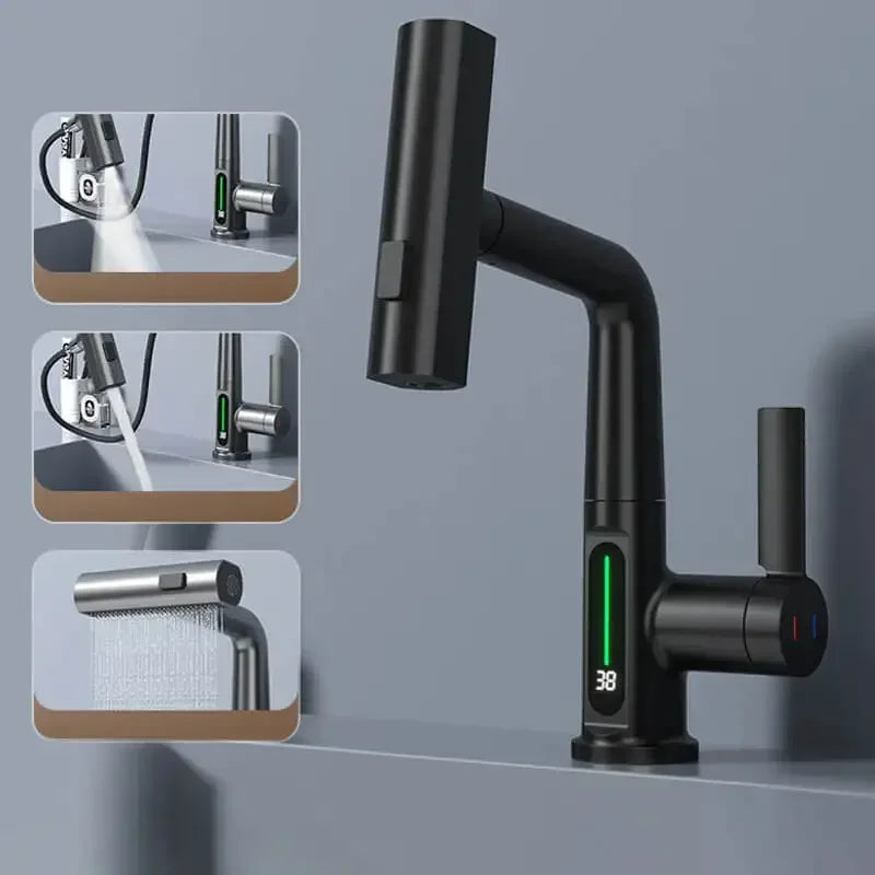 Temperature Digital Display Basin Faucet For Bathroom Pull Out Waterfall Stream 3 Way Sprayer Hot Cold Water Sink Mixer Wash Tap