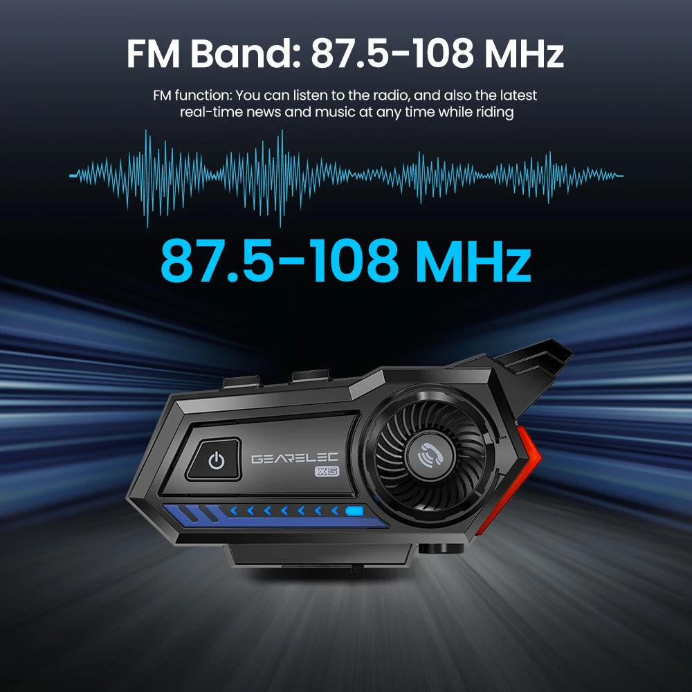 GEARELEC X5 Motorcycle Helmet Headset BT 5.2 Waterproof Wireless Headphones Voice Control Roise Reduction FM Radio Warning Light