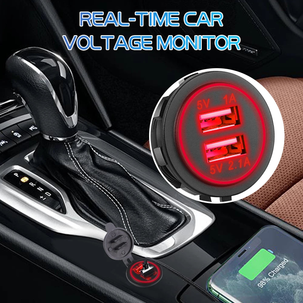 Dual USB 5V 3.1A 12V Car Charger with LED Panel Waterproof Power Adapter Socket Outlet for Vehicle Boat Truck Motorcycle