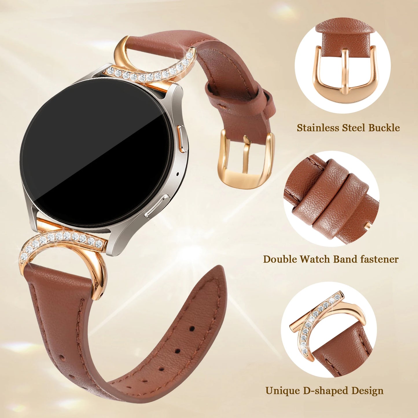 Leather strap compatible with Samsung Galaxy Watch 7/6/5/4 Classic strap 40/42/44/43/45/46/47mm Stylish 20mm strap for women