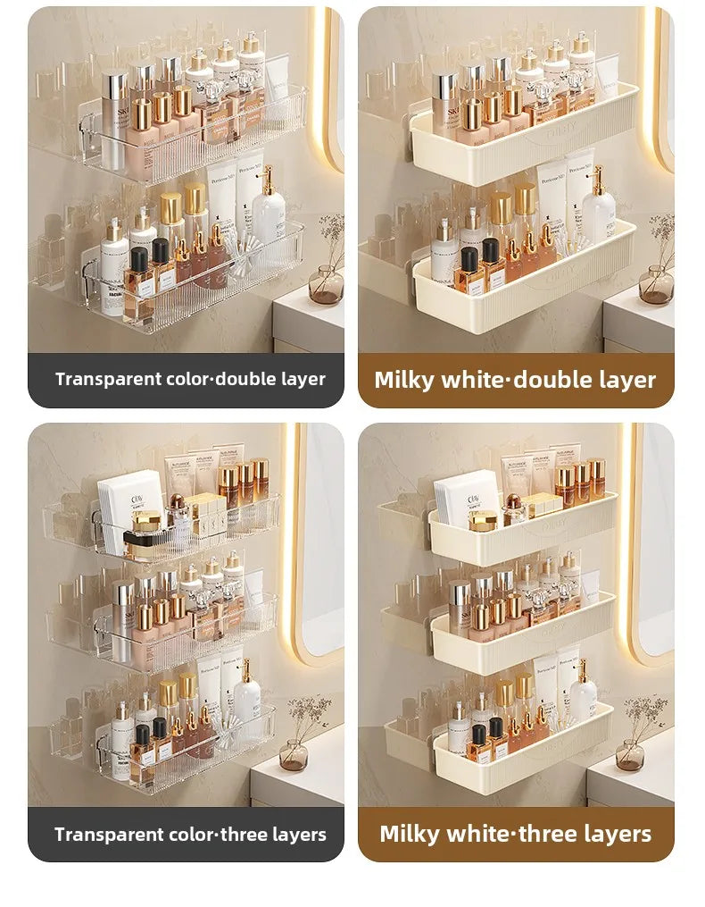 Wall mounted cosmetic and skincare storage rack for bathroom no need for drilling Multi functional kitchebathroom storage rackra