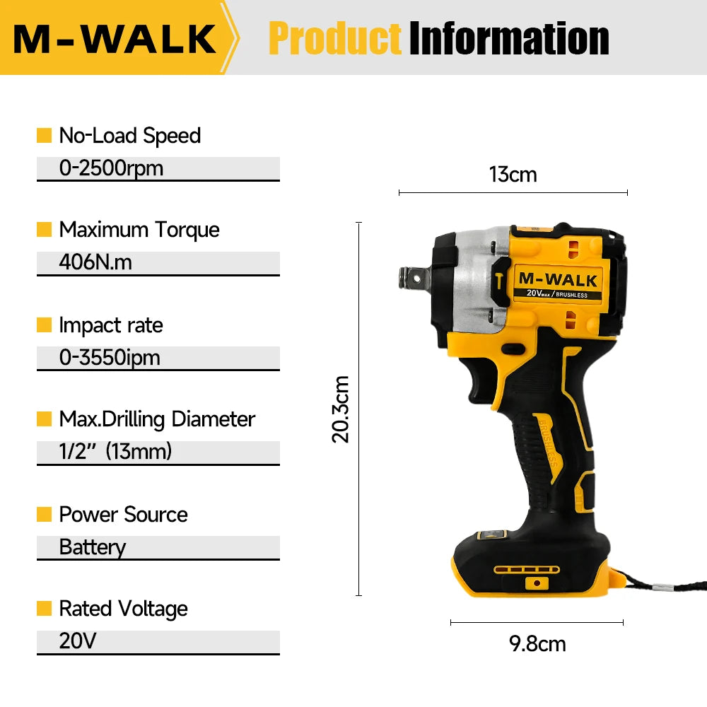 DCF921 Electric drill 406N.m Impact Wrench Brushless Electric Screwdrivers Impact driver Power Tools For Dewalt 20V Battery Pin