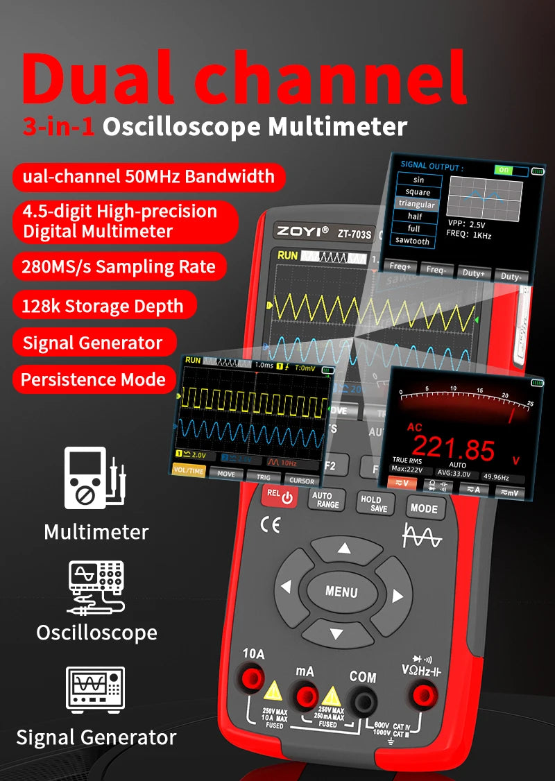 ZOYI ZT-703S 3-in-1 Oscilloscope Multimeter with 3.5 Inch IPS Display,25000 Counts, Dual Channel 50MHZ Bandwidth,280MSa/s High