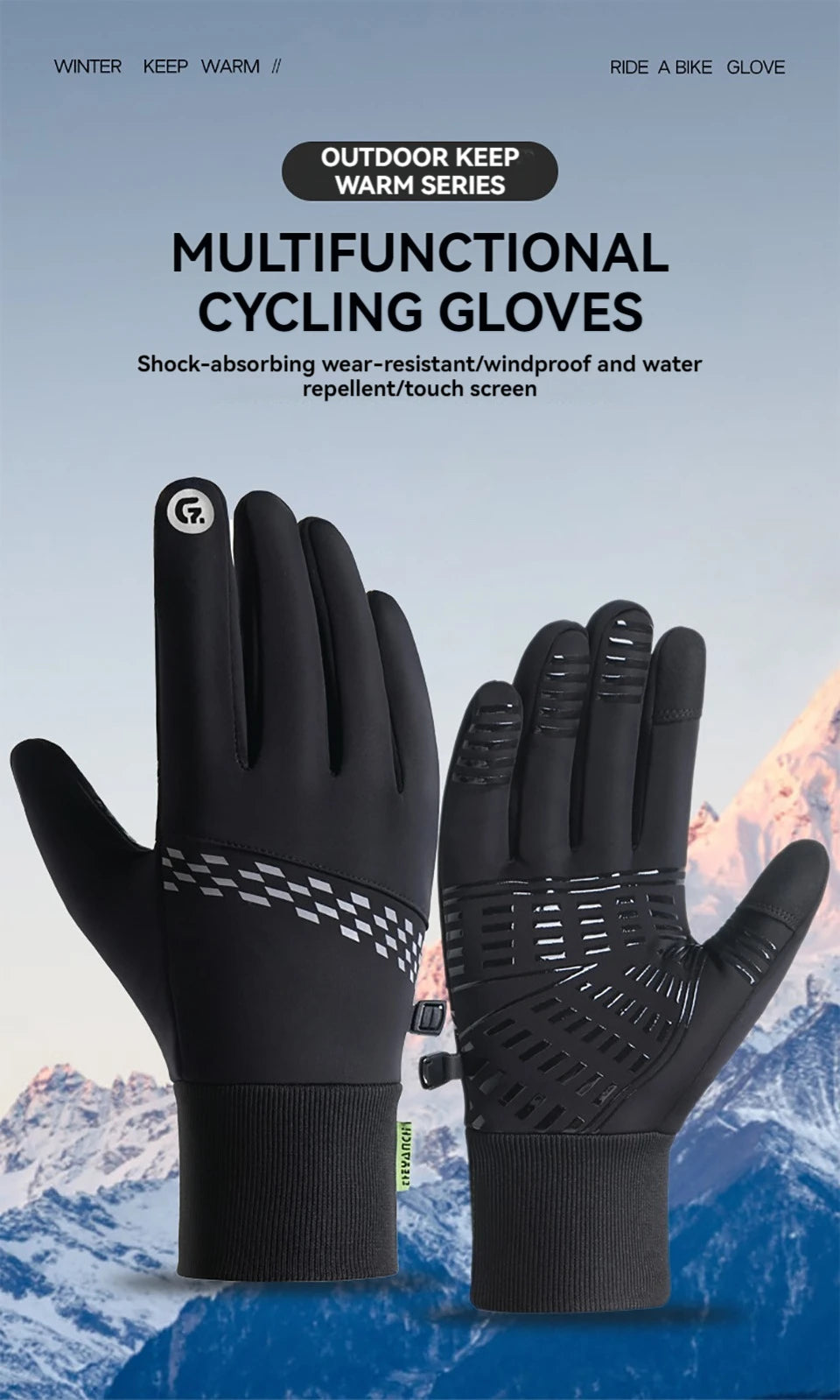 NOFOXO 1Pair Winter Thermal Bike Gloves Touch Screen Water Resistant Windproof Cycling Driving Hiking Skiing Running Men Women