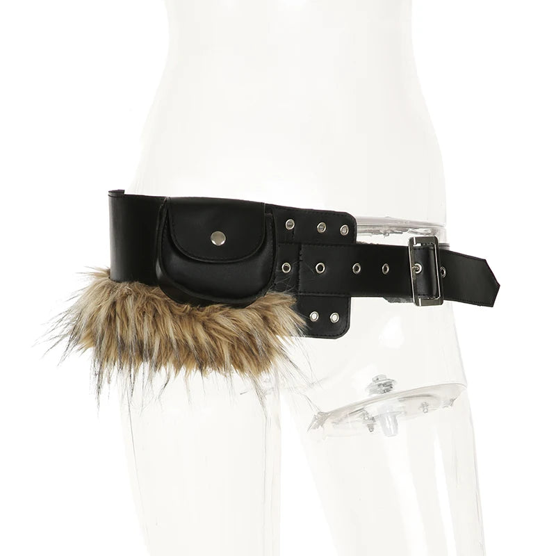 SUCHCUTE Vintage Faux Fur Patchwork Pu Leather Belt Punk Western Cowboy Accessories Y2K Women's Waistband Retro 2000s Decorative