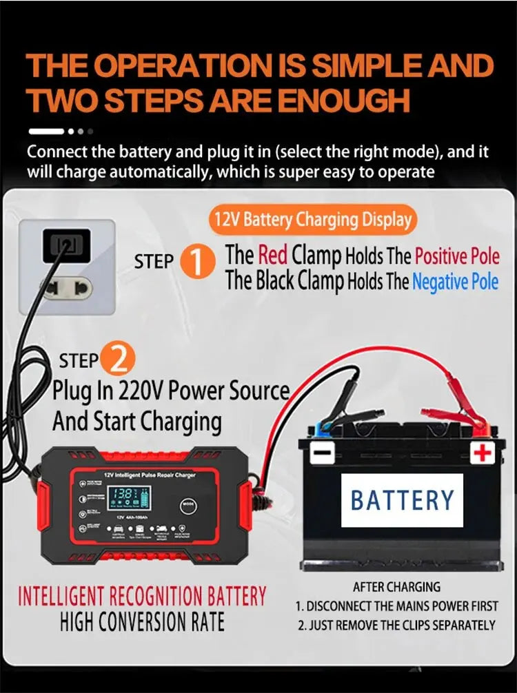 1 Set 12V6A Battery Charger Car/Motorcycle Charger Digital Display Suitable for Lead Acid Batteries EU Plug Reverse Protection