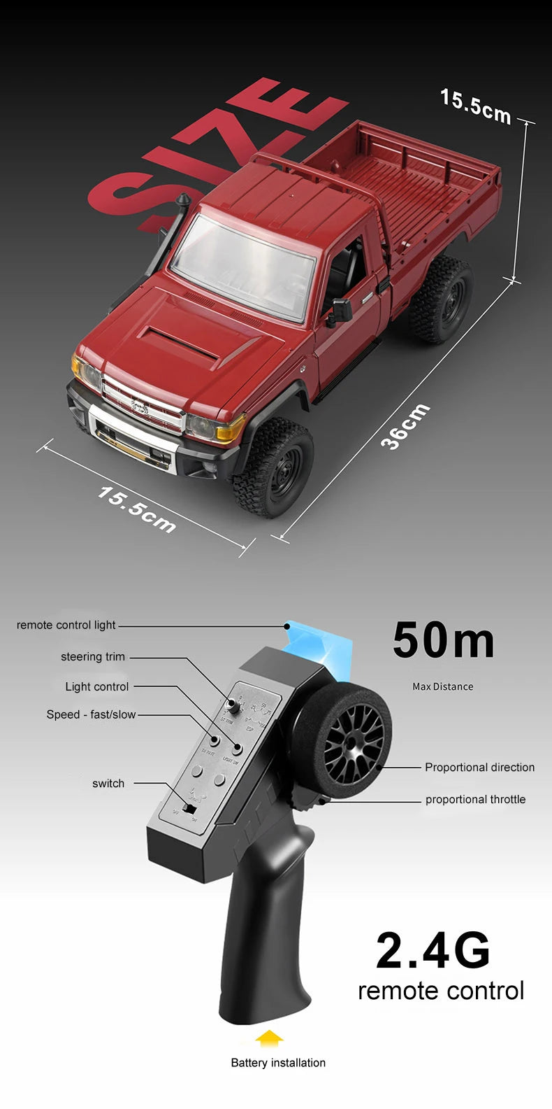 ZWN 1:12/1:16 Retro Rc Car With LED Lights Full-scale Simulation Vehicle Professional 4WD Remote Control Pickup Truck Model Toys
