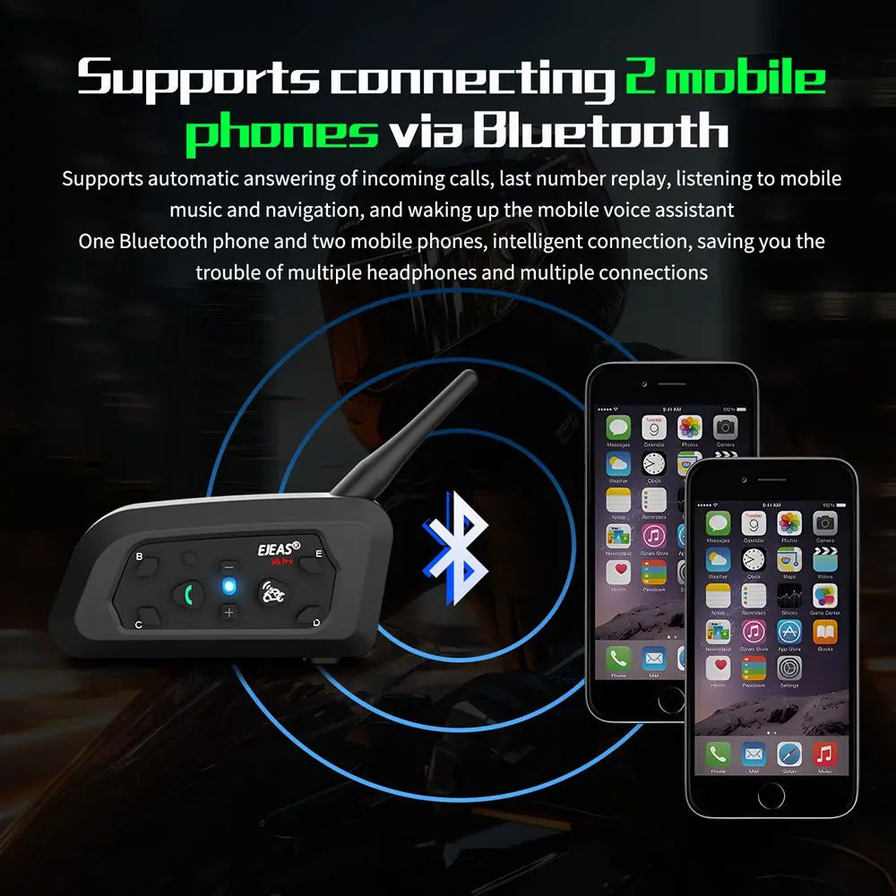 EJEAS V6 PRO+ Motorcycle Helmet Intercom Bluetooth Headset 6 Riders Communicator Waterproof V5.1 Music Player 800m Interphone