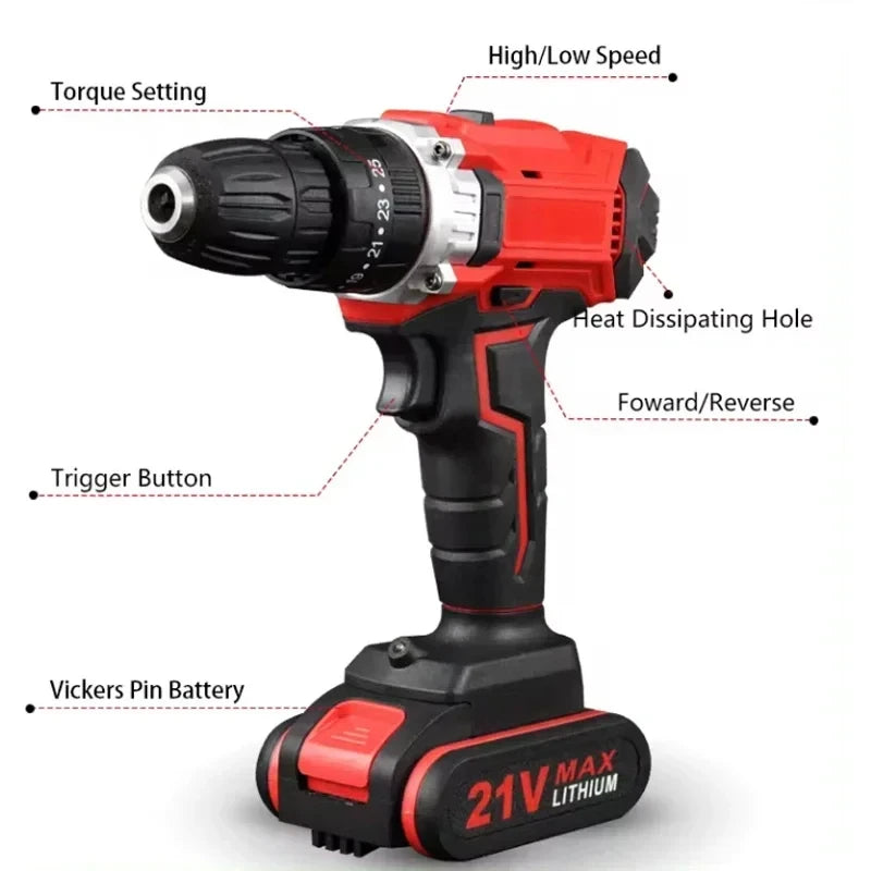 21V Electric Drill Brush Motor 2 Speed Control Stepless Speed Regulation Rotation Ways 25 Gears Torques Adjustable Lithium Drill