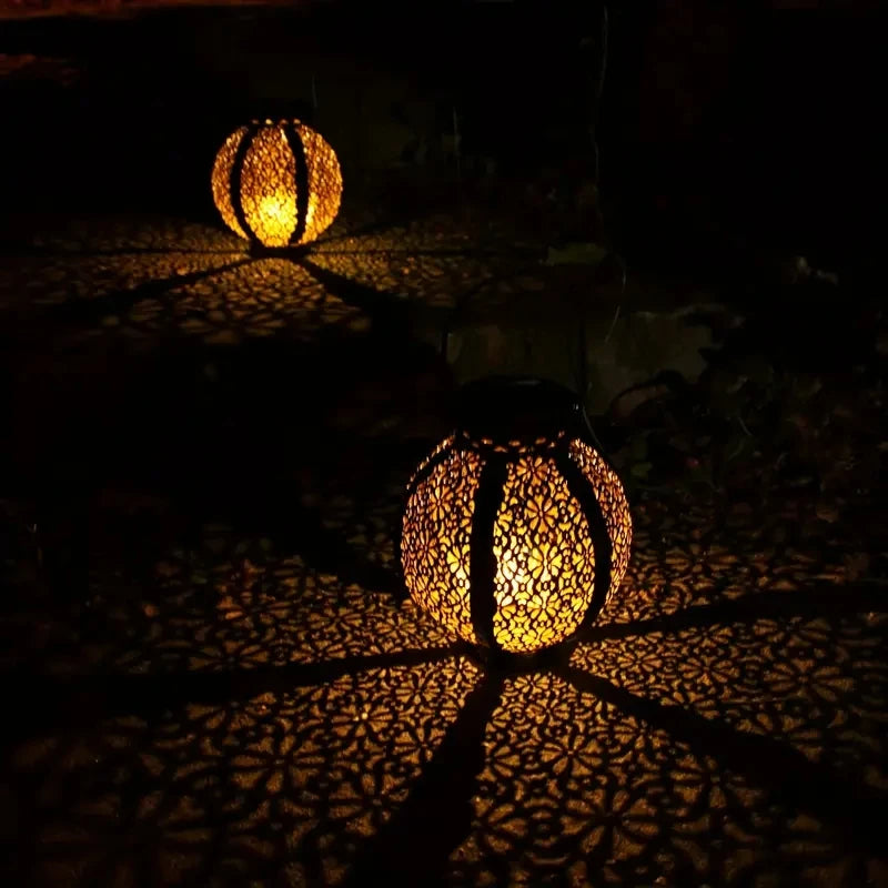 Outdoor Garden Landscape Decoration Solar Lights LED Metal Waterproof round Lantern Lights Hanging Hollow Projection Lights