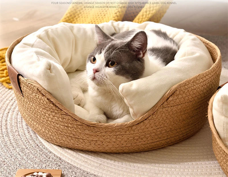 Woven Rattan Cat Basket Nesting Bed All-Season Cozy Kitten Lounger Cushion Scratching Board Detachable 2 in1 Cats Beds House