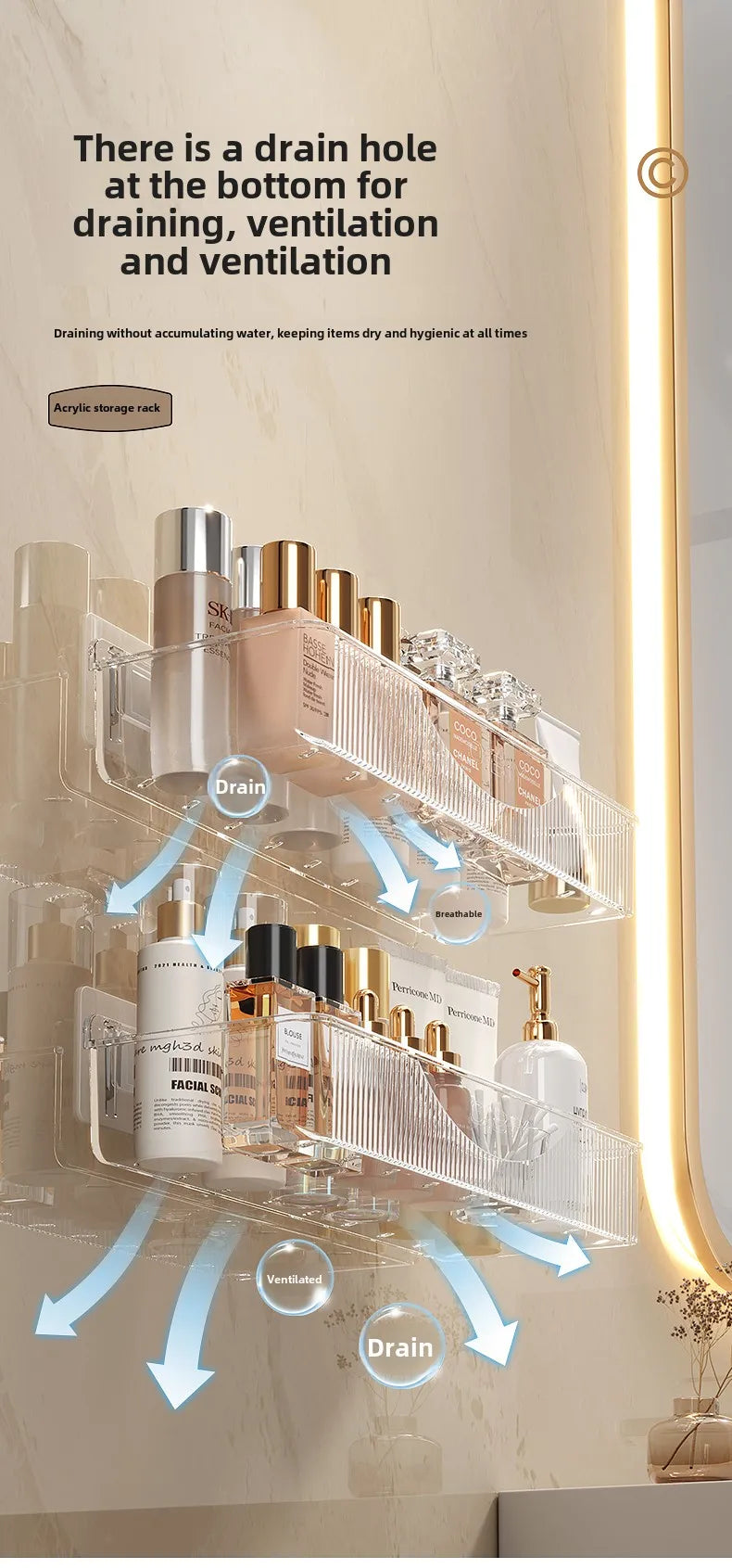 Wall mounted cosmetic and skincare storage rack for bathroom no need for drilling Multi functional kitchebathroom storage rackra