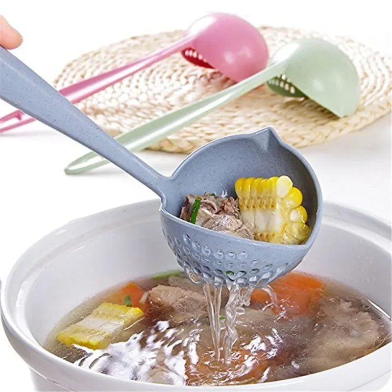 2 In 1 Creative Wheat Straw Soup Spoon Long Handle Lovely Porridge Spoons With Filter Dinnerware Kitchen Colander Tools