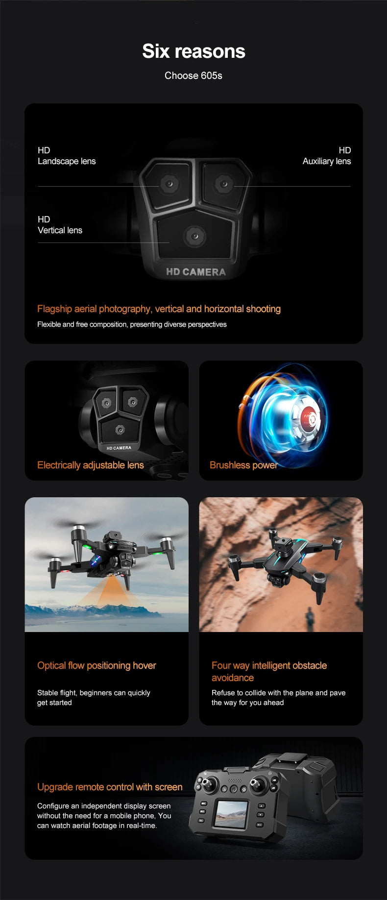 New KY605S Screen Controlled Drone 8K Three HD Camera Brushless Motor Obstacle Avoidance Foldable Quadcopter Dron RC Toys Gifts