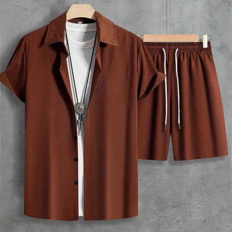 Fashion Summer Men's Short Sleeve Shorts Set Men's Solid Colour Button Down Shirt Drawstring Short Two Piece Hawaii Beach Suit