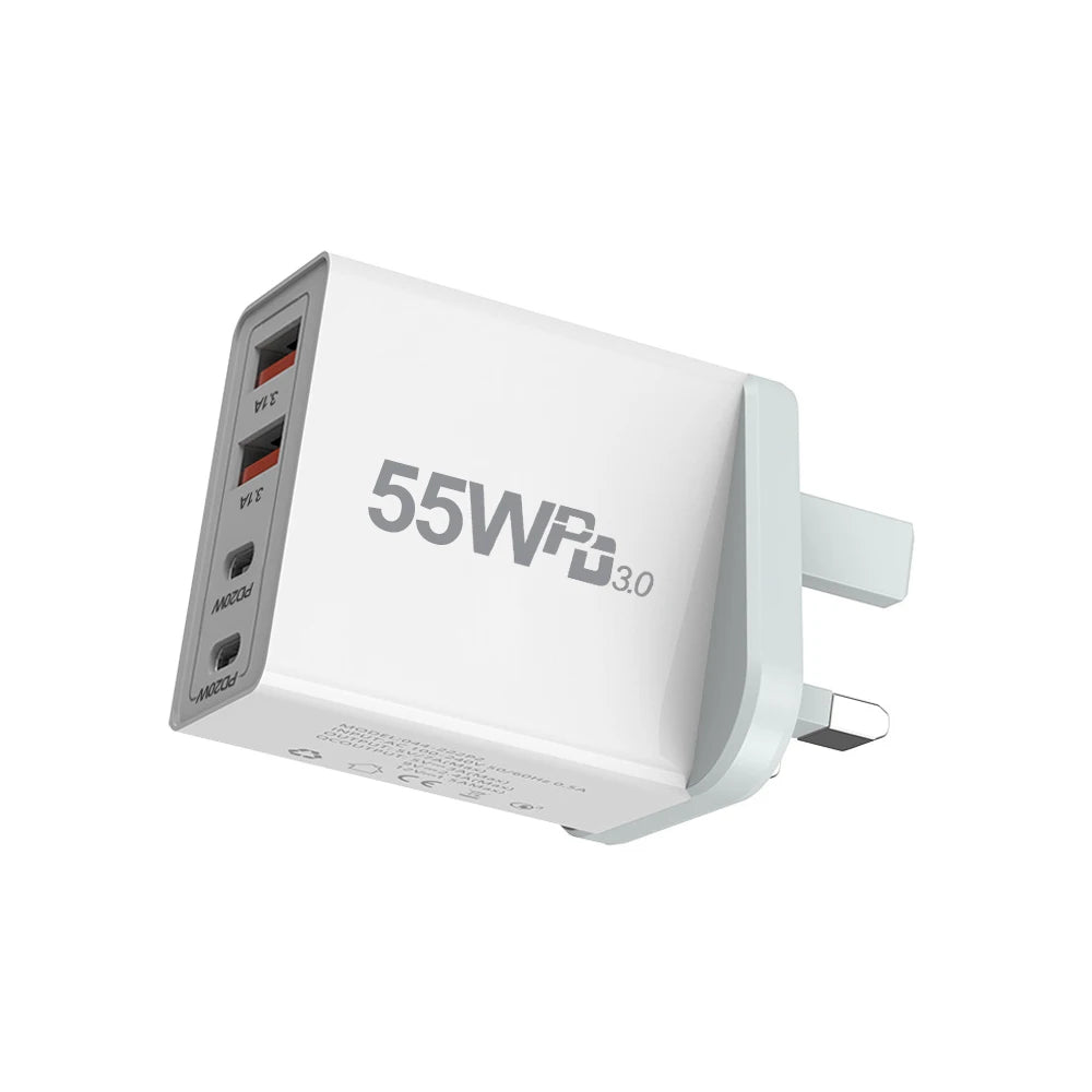 New Universal 55W  fast charging 4Ports Dual PD Type C USB Wall Charger US Power Adapters For Iphone  Ipad Universal  Xiaomi LG