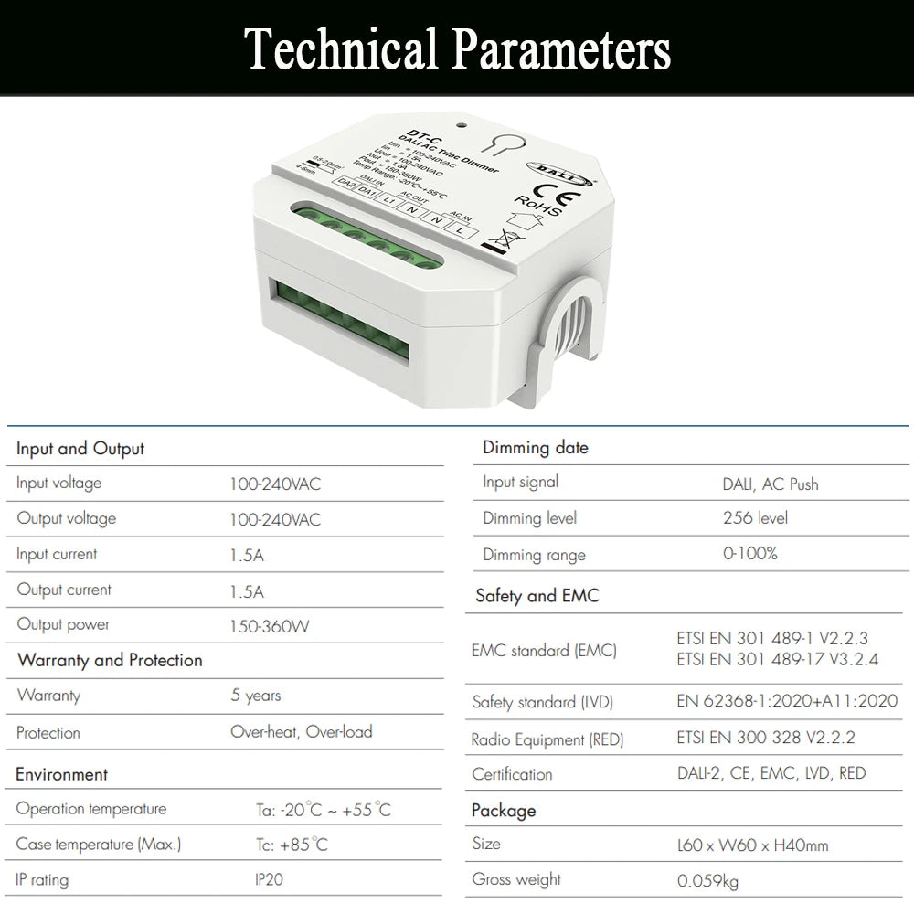 DALI AC Triac Dimmer DT-C With Push Switch Dimming Trailing DT4 Edge Dimmer for Single Color Dimmable LED Lamps AC100-240V 360W