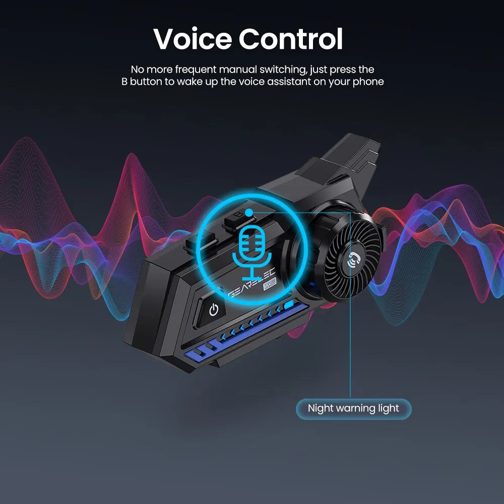 GEARELEC X5 Motorcycle Helmet Headset BT 5.2 Waterproof Wireless Headphones Voice Control Roise Reduction FM Radio Warning Light