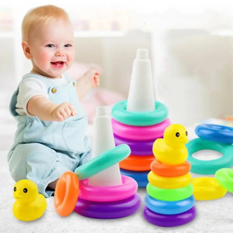0-3 years old Infant Early Learning Rainbow Stacking Toys Puzzle Development Intelligence Rainbow Tower Set of Rings Yellow Duck