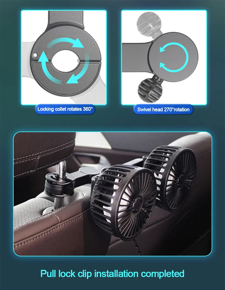 SEAMETAL 3-speed Car Seat Back Cooling Fan USB Charge Dual Head Fan 360 Degree Rotation Neck Cooler for Summer Car Accessories
