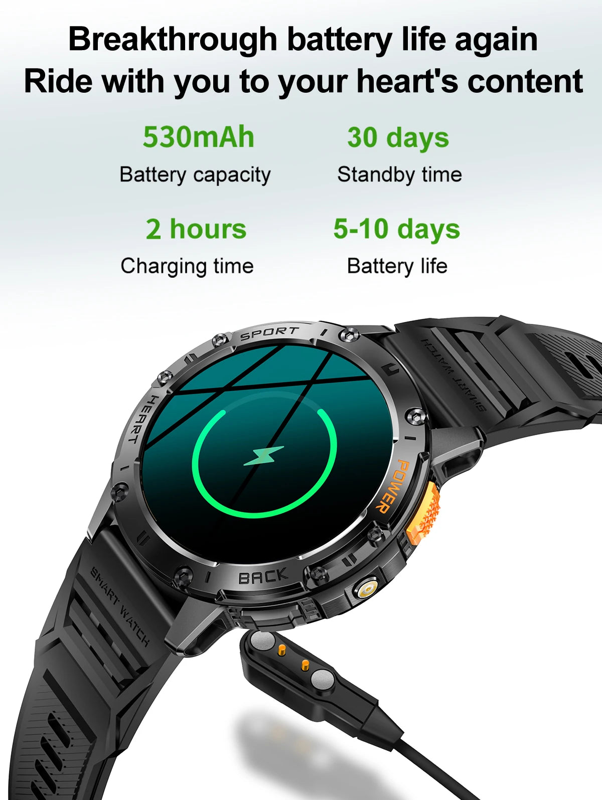 New Smart Watch Men Outdoor 530mAh Large Battery Bluetooth Call Sport Fitness Bracelet AMOLED Screen Flashlight Smartwatch