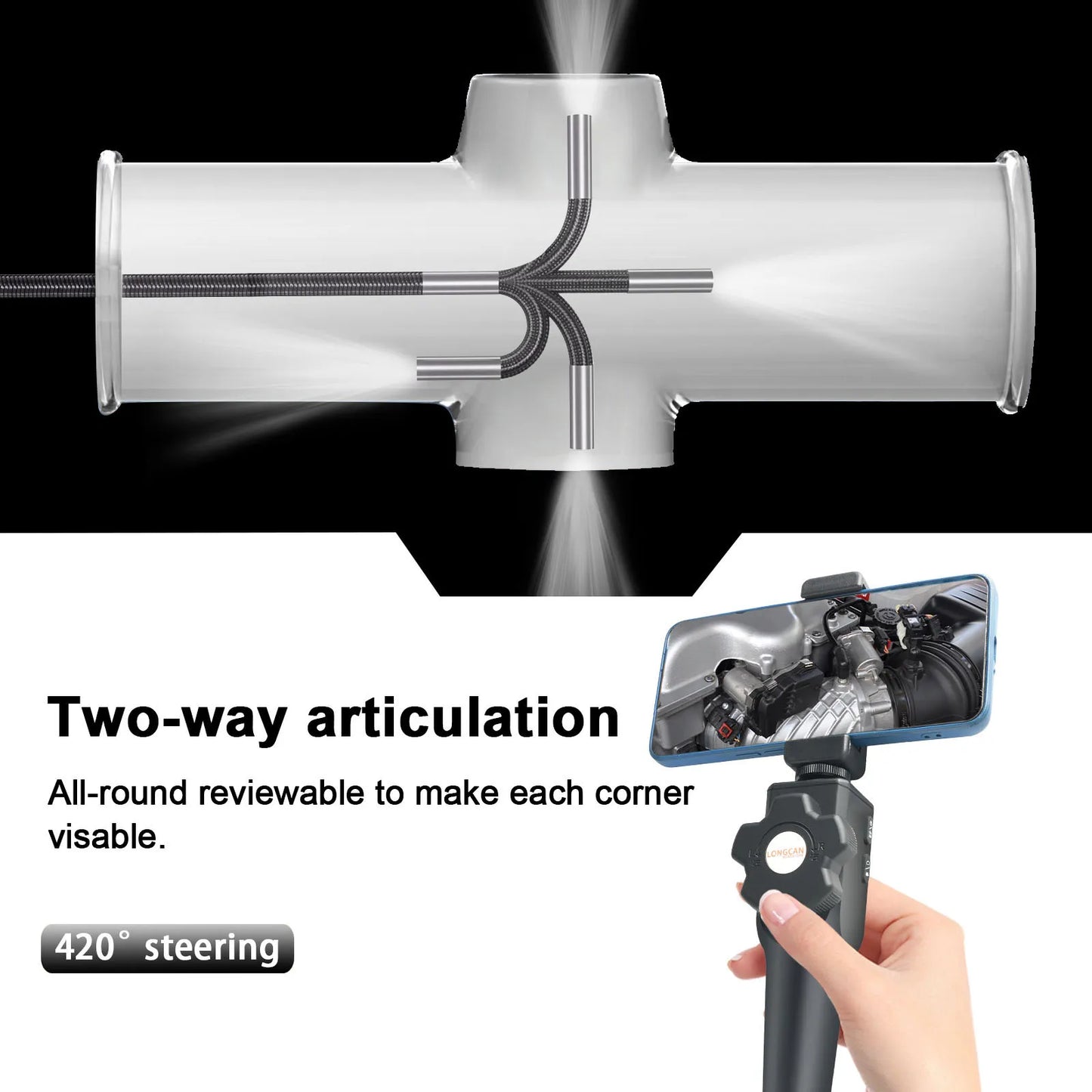 Two-Way Articulating Borescope Industrial Endoscope with 8.5mm Articulating Camera Head for Automotive Aircraft Mechanics