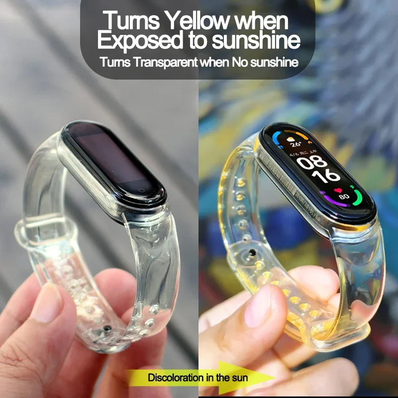 Discoloration Strap For Xiaomi Mi Band 7 6 5 4 3 Silicone Transparent Color Chang Watchband For Miband6 7 5 4 Bracelet Wristband