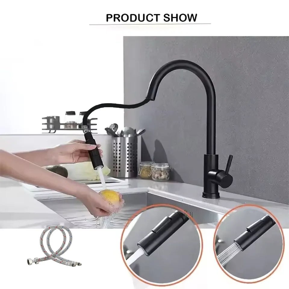 A Kitchen Stainless Steel Pull-out Cold and Hot Water Mixing Faucet with a 3-function Pull-out Nozzle